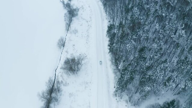 Aerial - Panoramic shot of white car driving on a scenic road through snowy pine forest in the background. Follow shot