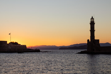 A night photo of the lighthouse in Chania city crete