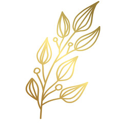 Decorative branch with leaves in gold color. Plant with gradient isolated on white background. Linear design element. Vector 
