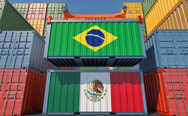 Freight containers with Mexico and Brazil national flags. 3D Rendering 