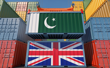 Freight containers with United Kingdom and Pakistan national flags. 3D Rendering 