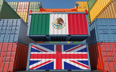 Freight containers with United Kingdom and Mexico national flags. 3D Rendering 