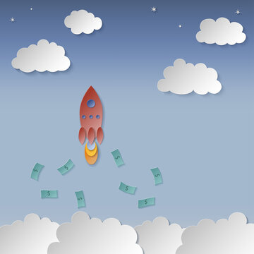 Launching a business rocket for a banner. Vector illustration in paper cut style