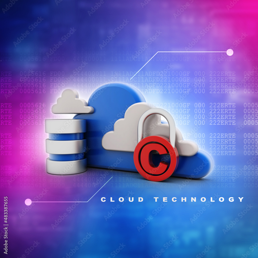 Poster 3d rendering cloud database online storage icons with copyright lock