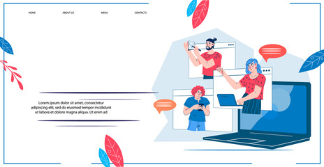 Video conference or virtual meeting landing website page template. Business people on computer screen taking with colleagues during online meeting. Web banner layout, flat vector illustration.