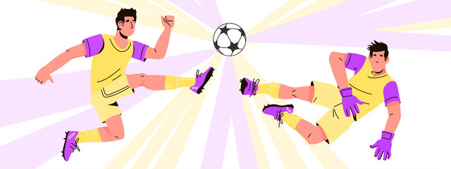 Soccer or football players with ball on decorative banner backdrop. Football championship and sport match banner or flyer layout, flat cartoon vector illustration isolated on white background.