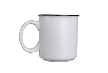 Ceramic mug of light gray color. Isolated on a white background, close-up