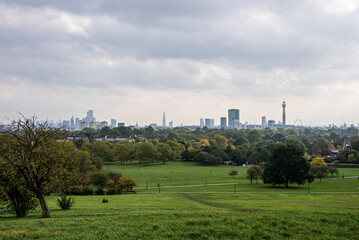 Fototapeta na wymiar Beautiful green meadow in park with modern city skyline against cloudy sky, London skyline seen from primrose hill