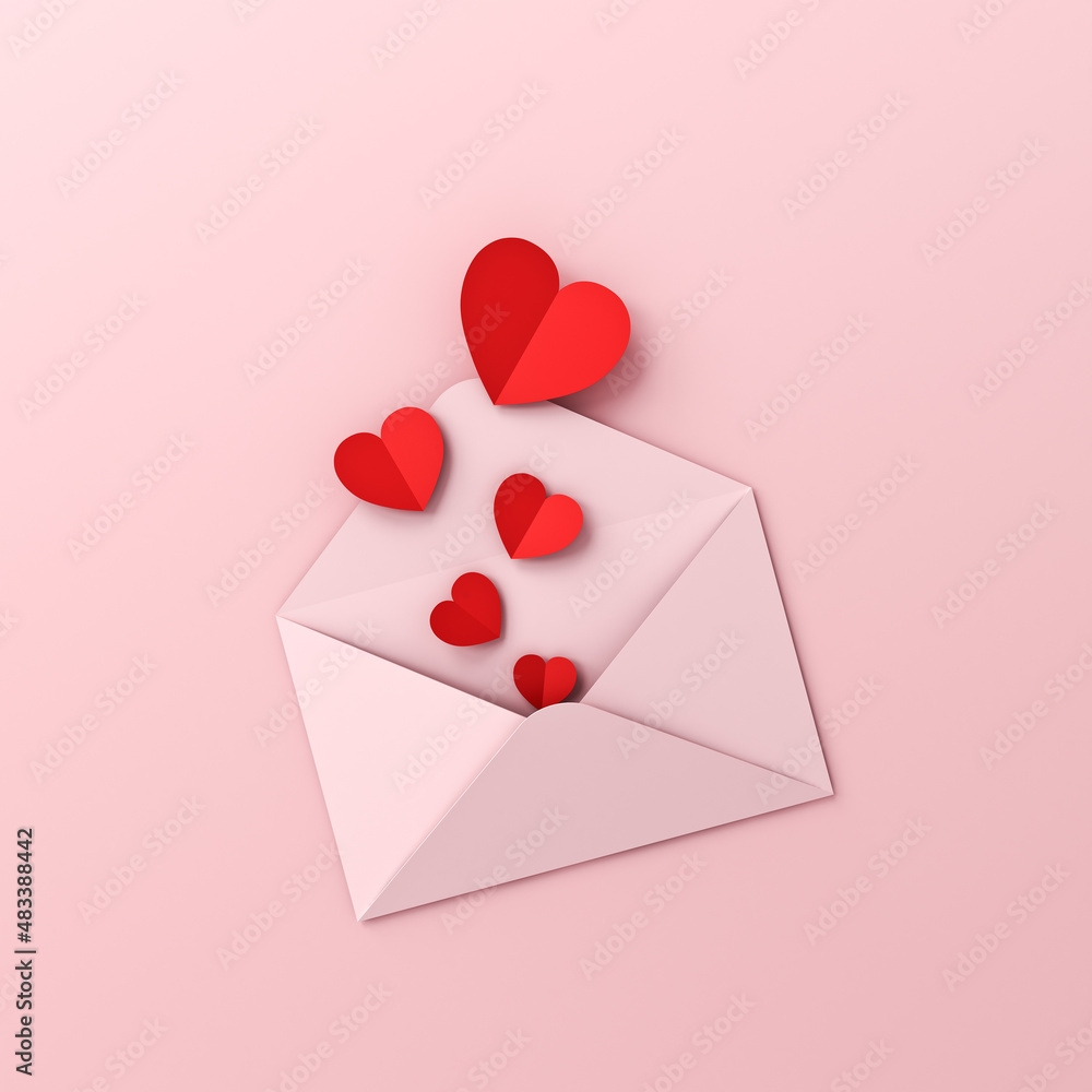 Aufkleber valentines day concept red origami hearts coming out from pink envelope isolated on pink pastel colo