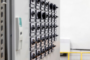 Selective focus. Relay room with panels, control cabinets of a high-voltage electrical substation. control panels in power plants and substations 
