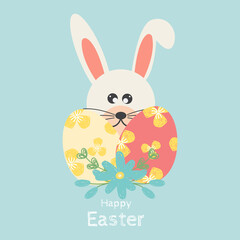 Happy easter with bunny and flower greeting card. Easter day background. Vector illustration.
