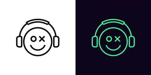 Fotobehang Outline gamer icon, with editable stroke. Emoticon gamer sign with headphones, esports geek logo © Дмитрий Майер