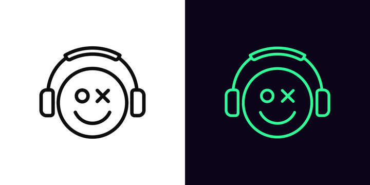 Outline gamer icon, with editable stroke. Emoticon gamer sign with headphones, esports geek logo