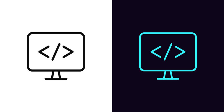 Outline programming icon, with editable stroke. Computer sign with code, web development pictogram