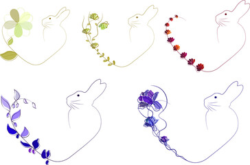 Set of 5 abstract illustrations that combine rabbit, flowers, and heart.