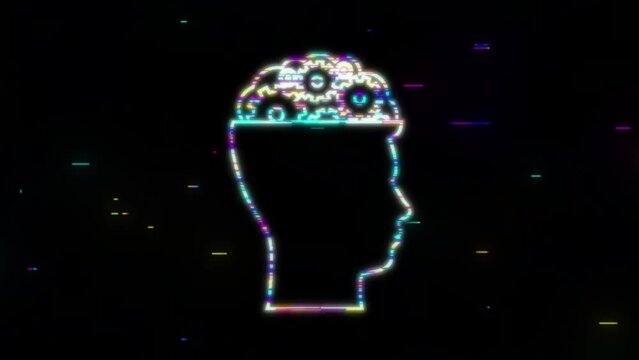 Glitch icon with silhouette man head gears. Mental health concept. Business concept. Motion Graphic