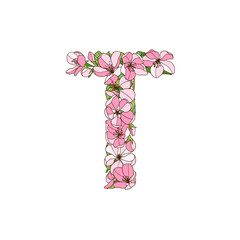 Letter T of apple tree flowers. Vector alphabet