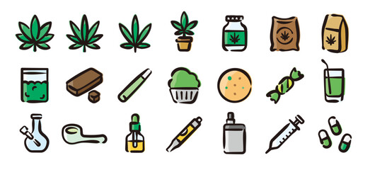 Cannabis product icon set for graphic (Hand-drawn line, colored version)
