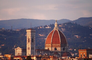 Aerial view of the Cathedral of Florence at sunset, Italy