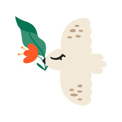 A bird with a flower in its beak in the Scandinavian style. Vector illustration of a bird isolated on a white background
