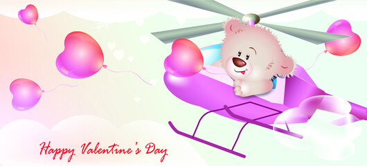 Cute illustration with a Teddy bear in a helicopter. For birthday, Valentine's day and more