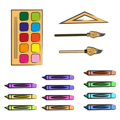 Materials for children 's creativity. Colored pencils, paints,brushes, ruler.Flat style. Isolated on a white background.