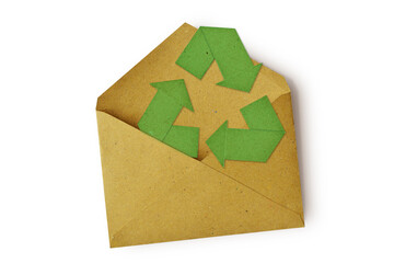 Recycled paper envelope with recycling symbol on white background - Concept of ecology and recycling