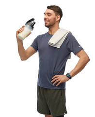 fitness, sport and healthy lifestyle concept - smiling man in sports clothes with protein shake...