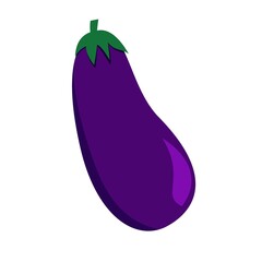 Eggplant vector in flat style, purple vegetable with green leaves isolated on white background