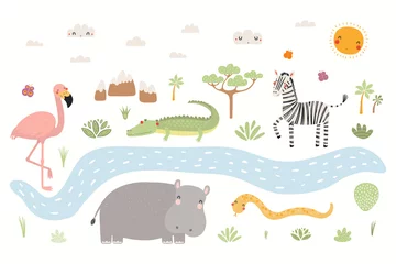  Cute tropical animals, flamingo, crocodile, zebra, hippo, snake, African landscape, isolated. Hand drawn vector illustration. Scandinavian style flat design. Concept kids fashion print, poster card © Maria Skrigan