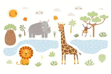 Poster Cute tropical animals, lion, rhino, giraffe, monkey, African landscape, isolated. Hand drawn vector illustration. Scandinavian style flat design. Concept for kids fashion, textile print, poster card © Maria Skrigan