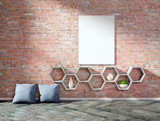 Vertical empty frame on a brick wall in a cozy interior. Pillows on a floor. 3D rendering.