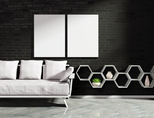 Empty two frames on a black wall. White sofa and shelves with vases. Template for photos. 3D rendering.