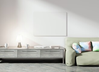 Empty frame template above table and couch. Template for photos. White wall interior. 3D rendering.