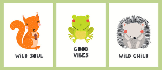 Cute funny woodland animals, squirrel, frog, hedgehog, quotes. Posters, cards collection. Hand drawn wildlife vector illustration. Scandinavian style flat design. Concept kids fashion, textile print.