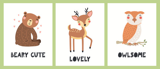 Cute funny wild animals, bear, deer, owl, quotes. Posters, cards collection. Hand drawn woodland wildlife vector illustration. Scandinavian style flat design. Concept for kids fashion, textile print.