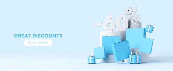Online shopping discount banner with paper bags and gifts.. 3D Rendering