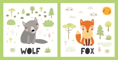 Poster Cute funny wild animals, wolf, fox, woodland landscape. Posters, cards collection. Hand drawn wildlife vector illustration. Scandinavian style flat design. Concept for kids fashion, textile print. © Maria Skrigan