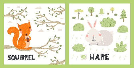 Cute funny wild animals, squirrel, hare, woodland landscape. Posters, cards collection. Hand drawn wildlife vector illustration. Scandinavian style flat design. Concept for kids fashion, textile print