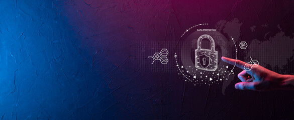 Cyber security network. Padlock icon and internet technology networking. Businessman protecting...