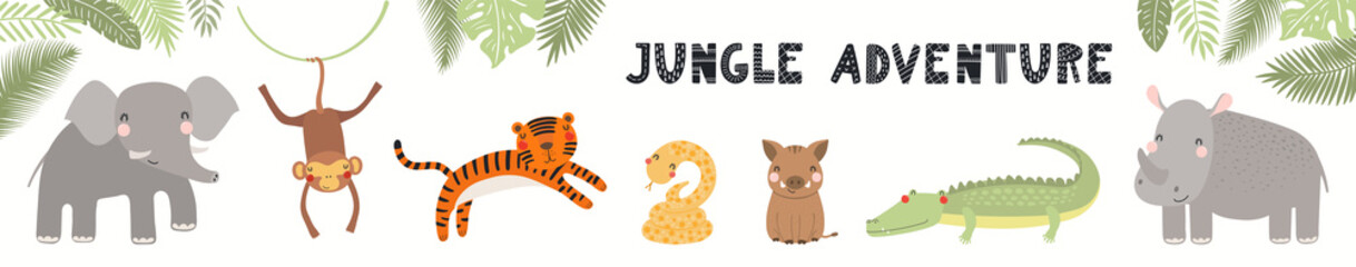 Fototapeta premium Cute funny tropical animals banner, card, quote Jungle adventure, isolated on white. Hand drawn vector illustration. Scandinavian style flat design. Concept for kids fashion, textile print, poster