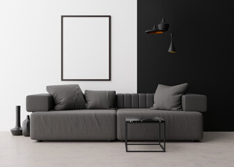 Empty vertical picture frame on white wall in modern living room. Mock up interior in contemporary style. Free space for picture. Gray sofa, black marble caffee table, lamps, vases. 3D rendering.