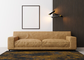 Empty vertical picture frame on white wall in modern living room. Mock up interior in contemporary style. Free space for picture, poster. Brown leather sofa, carpet, lamps. 3D rendering.