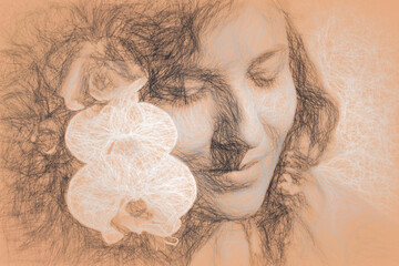 Young woman smelling a beautiful blossom and drawing efect.