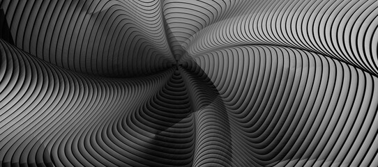 Radial lines with rotating distortion. Abstract spiral, vortex shape, element.