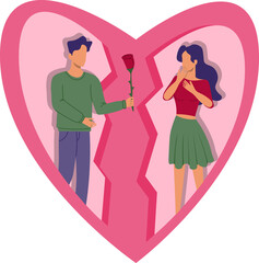 Valentines day greeting card with young couple and broken heart
