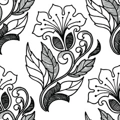 Seamless monochrome pattern with graphic lace flowers. Vector version.