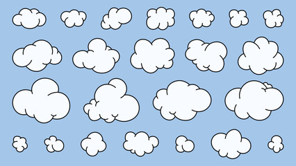 Set of cartoon clouds of different shapes isolated on blue background vector clip art. Hand drawned white clouds. Clouds collection vector cloud icon.