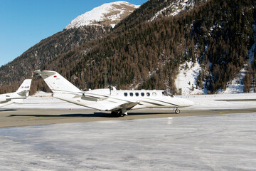 Private and corporate jets in the airport in St Moritz Switzerland