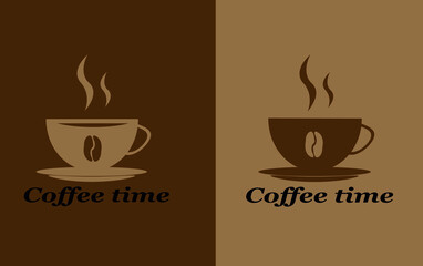 Classic silhouette a cup of coffee with saucer and coffee beans on a dark burgundy background.